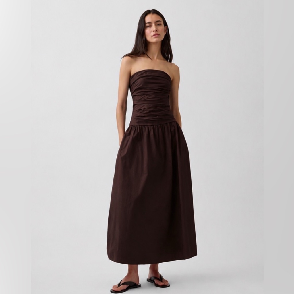 Nwt! Gap Terra Brown Strapless Poplin Drop-Waist Maxi Dress - Small Regular